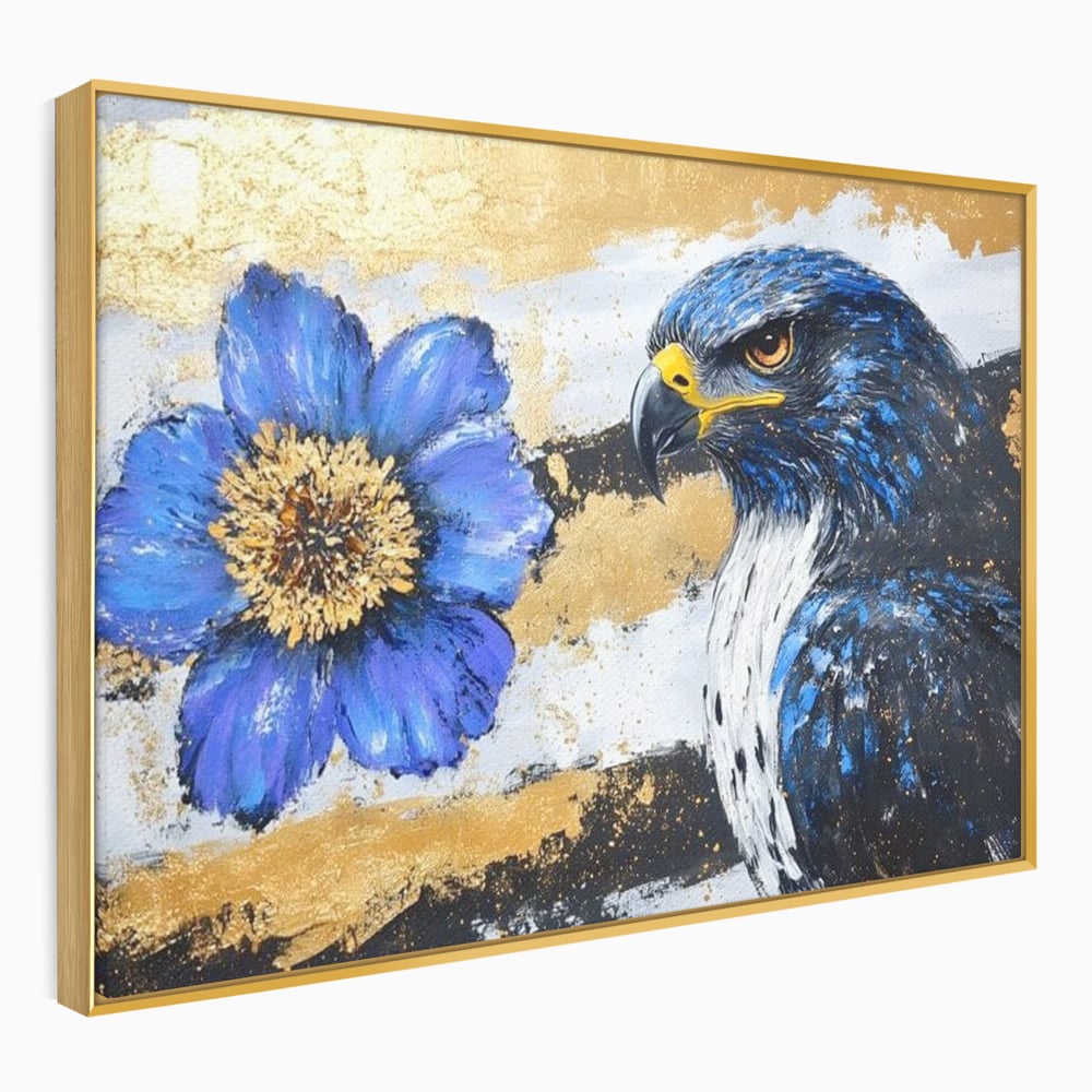 Tablou canvas cu pictura canvas cu soim si floare, in rama de aluminiu auriu